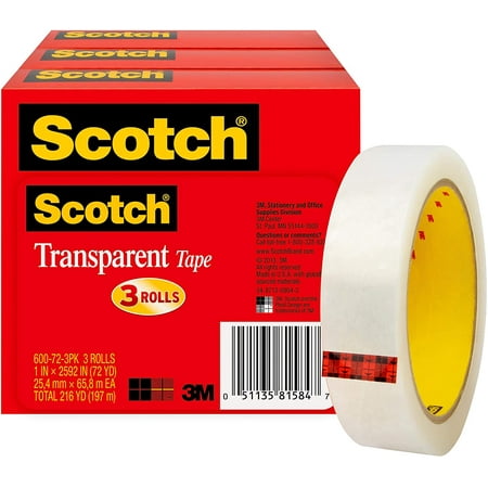 Transparent Transparent Tape 600 72 3PK 1"x 2592" Scotch 3/Pack 3" Core Transparent Transparent Tape 600 72 3PK 1"x 2592" Scotch 3/Pack 3" Core